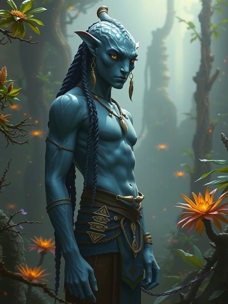 Towering Na'vi Warrior in Azure Hues, Worn Bone Necklace, an...