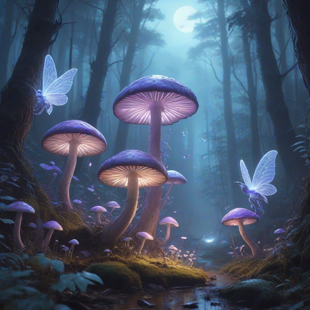 Moonlit Forest Clearing with Fantasy Creatures