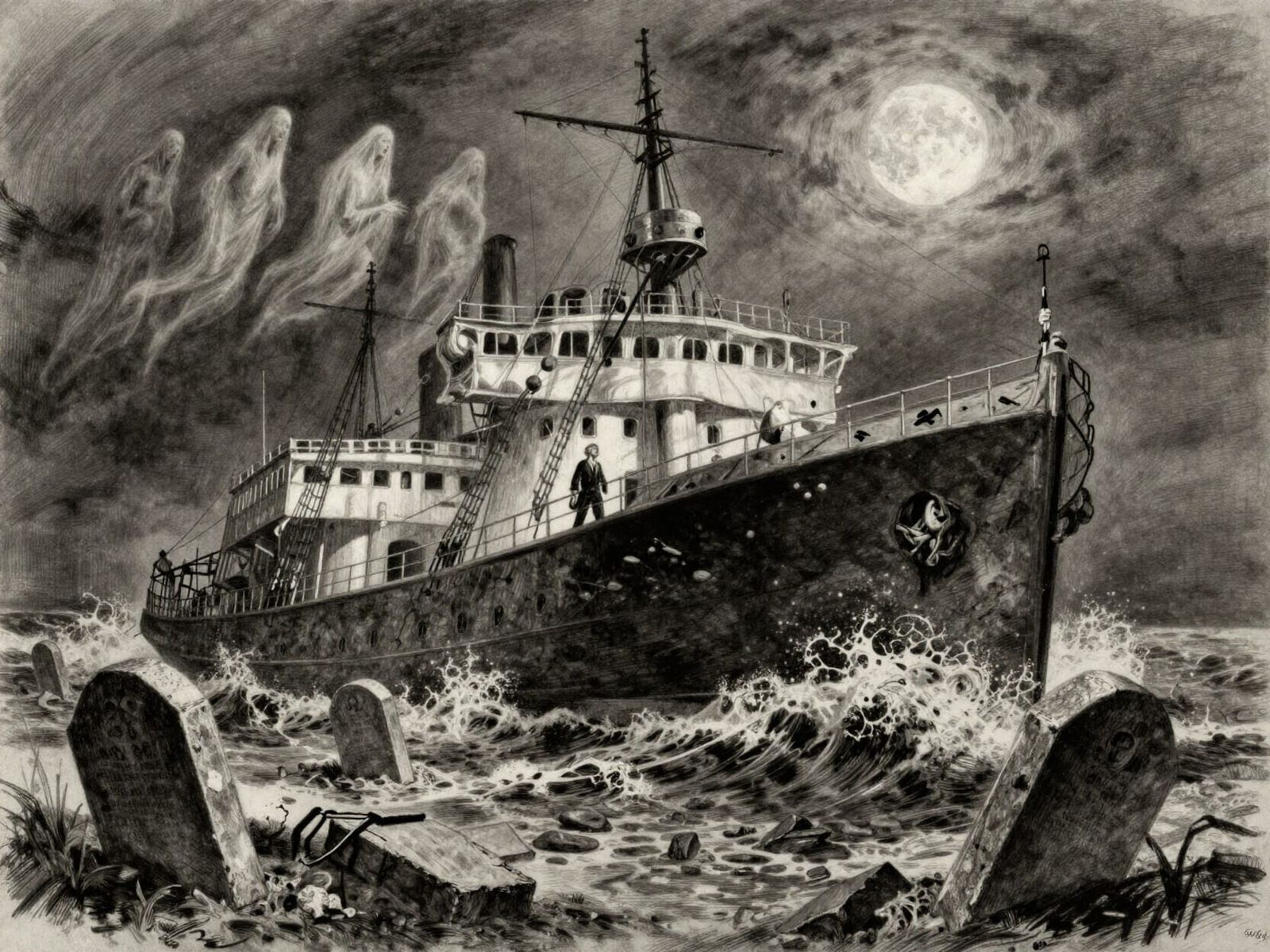 Sinking Ship in Spooky Graveyard with Spectral Figures