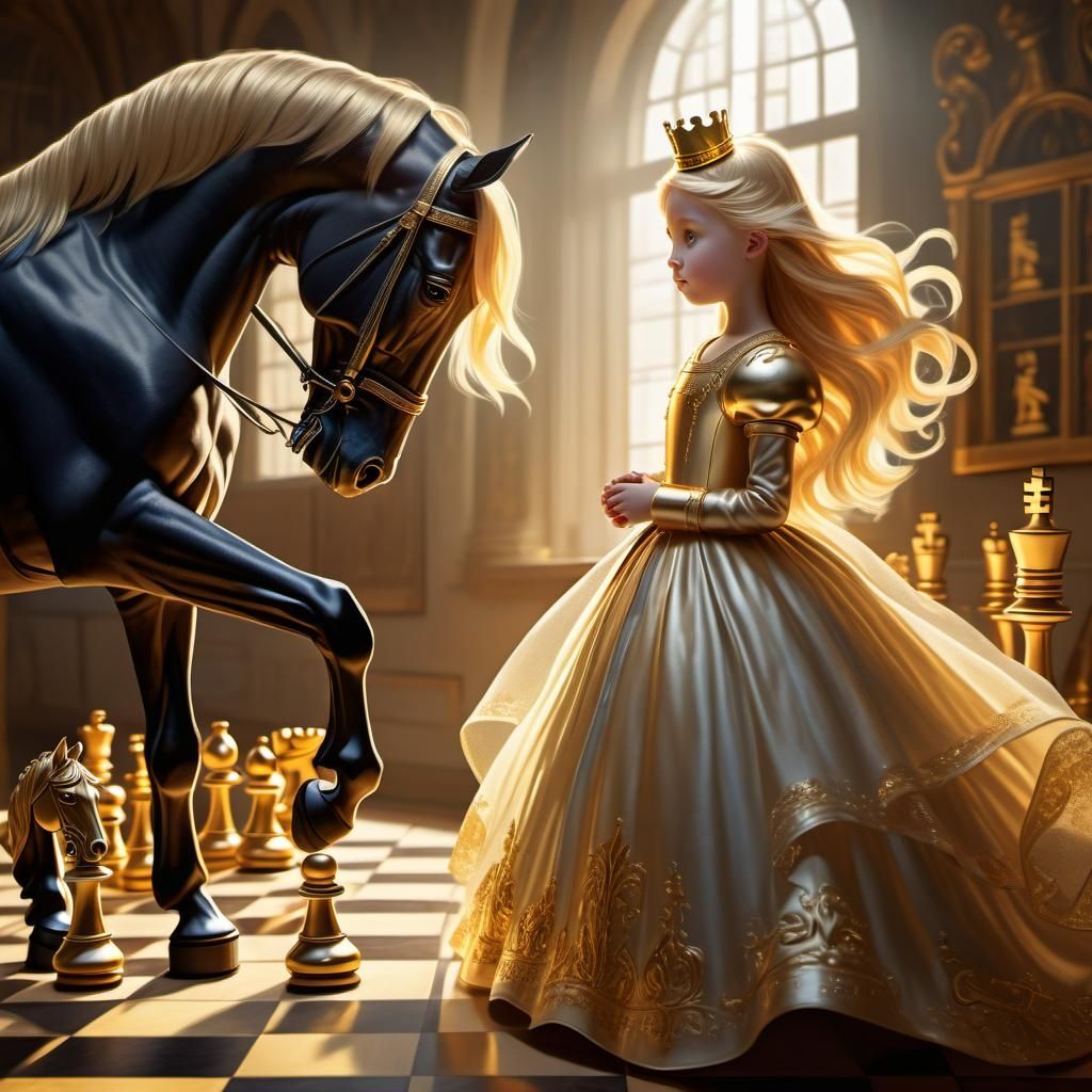 Princess and Giant Chess Pieces in Golden Light