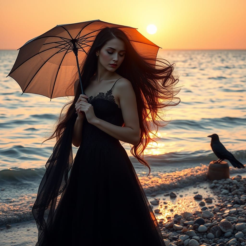 Gothic Woman by Ocean at Golden Hour