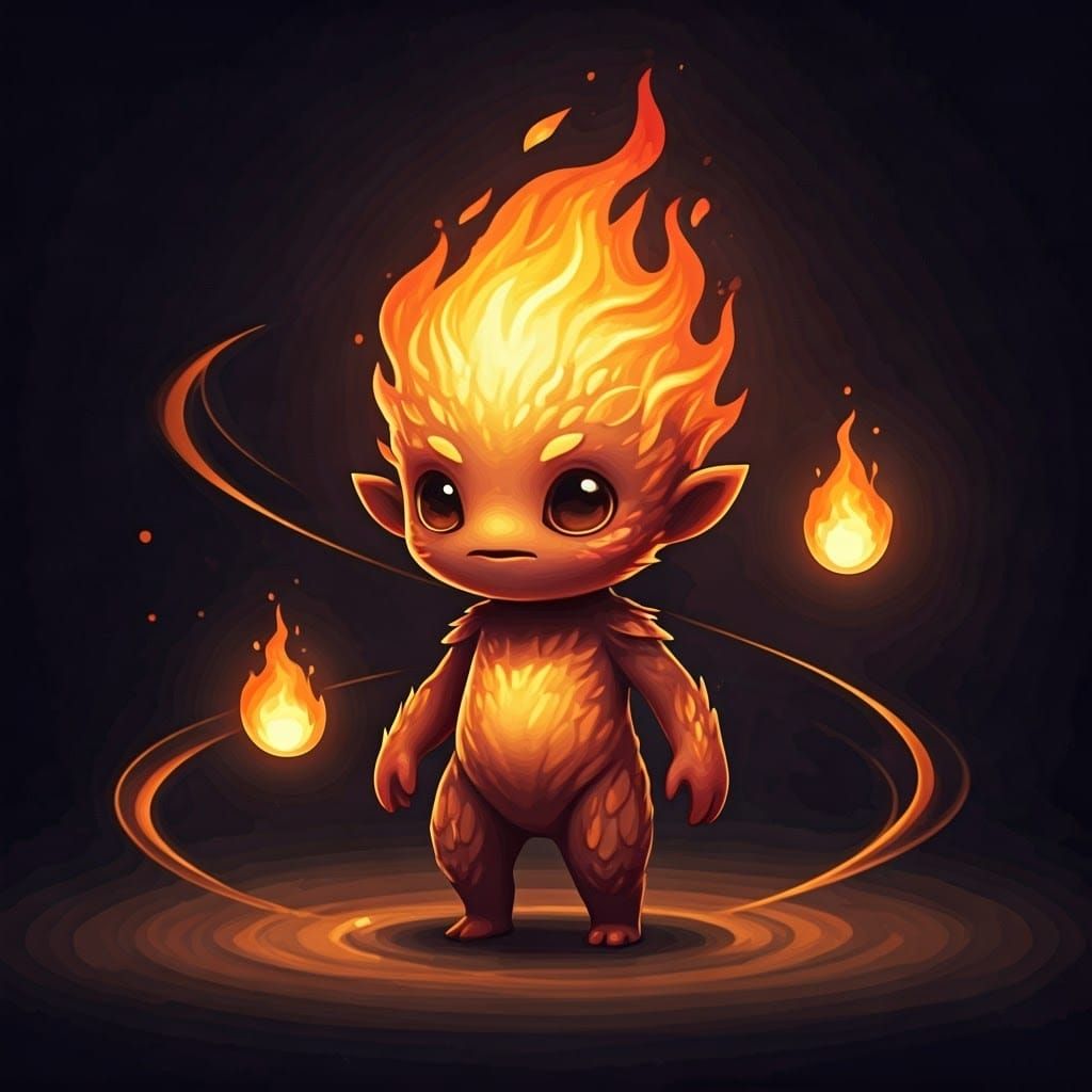 Whimsical Fire Elemental Sprite with Orbiting Fireballs