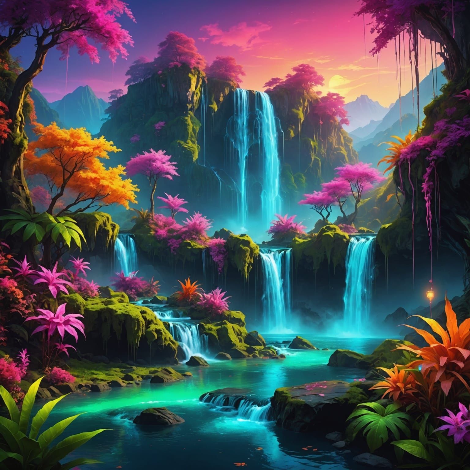 Fluorescent Fantasy Landscape with Glowing Plants