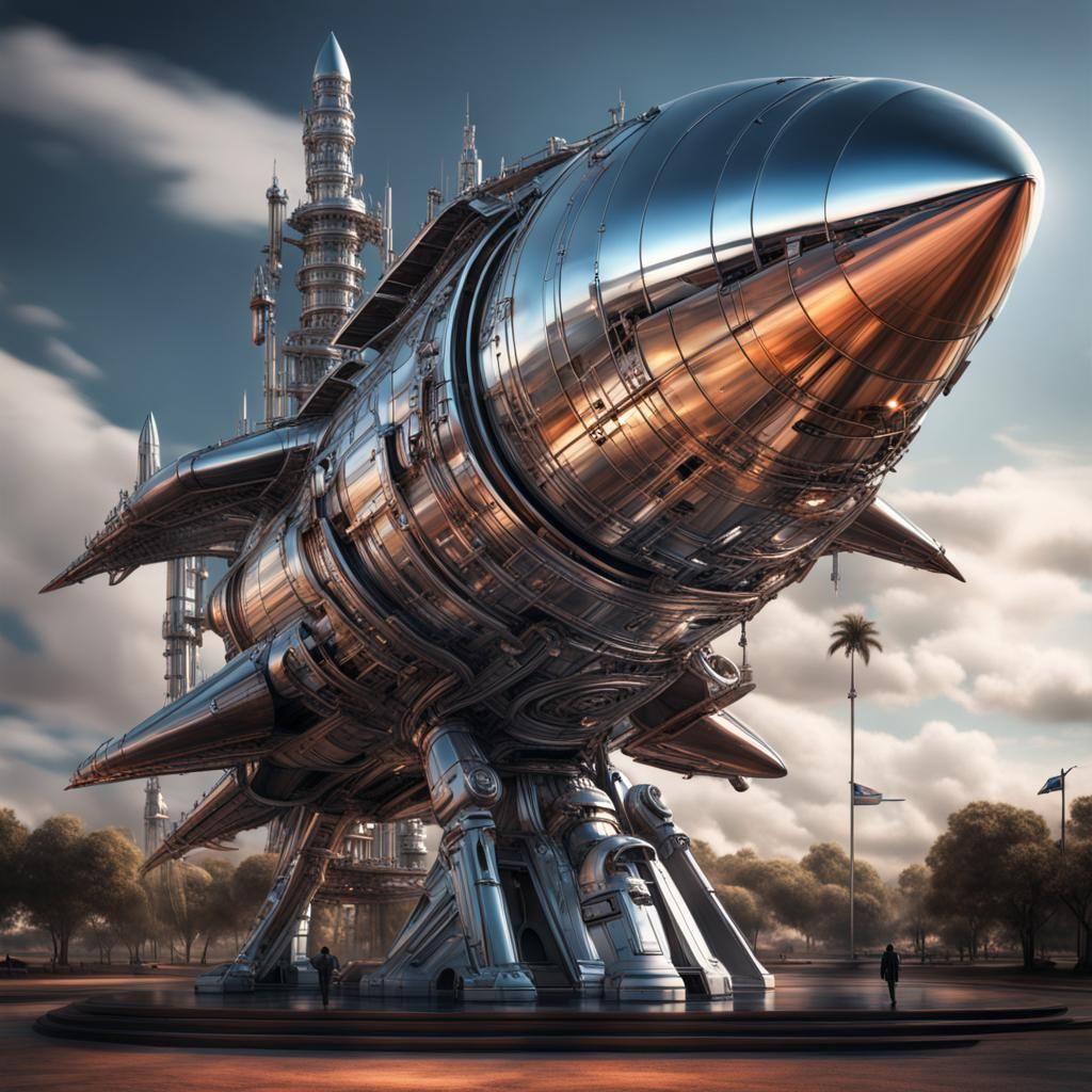 Chrome Rocket Statue: Epic Digital Matte Painting