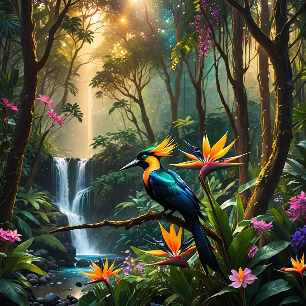 Bird of Paradise in Enchanted Forest: Surreal Illustration