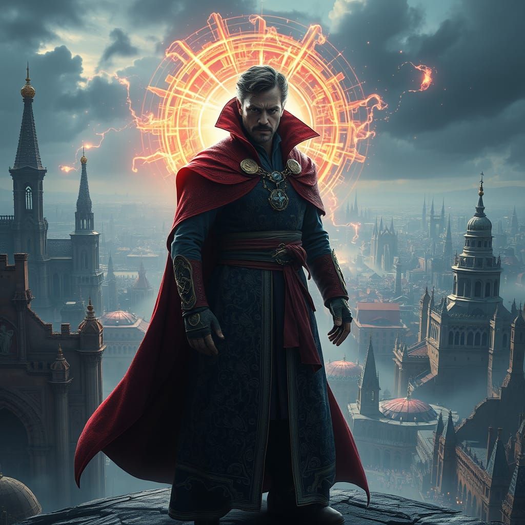 Mystical Sorcerer in Ancient Cityscape