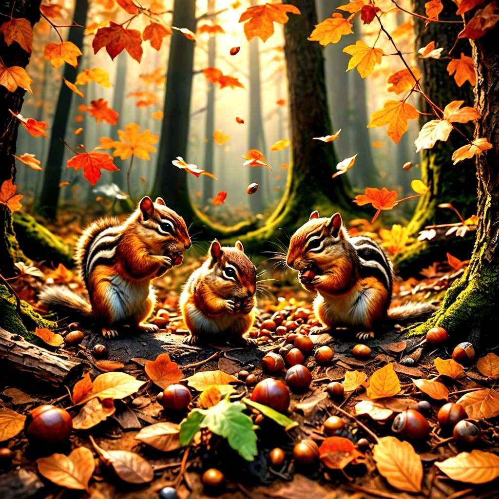 Happy Chipmunks Playing in Autumn Forest Wonderland