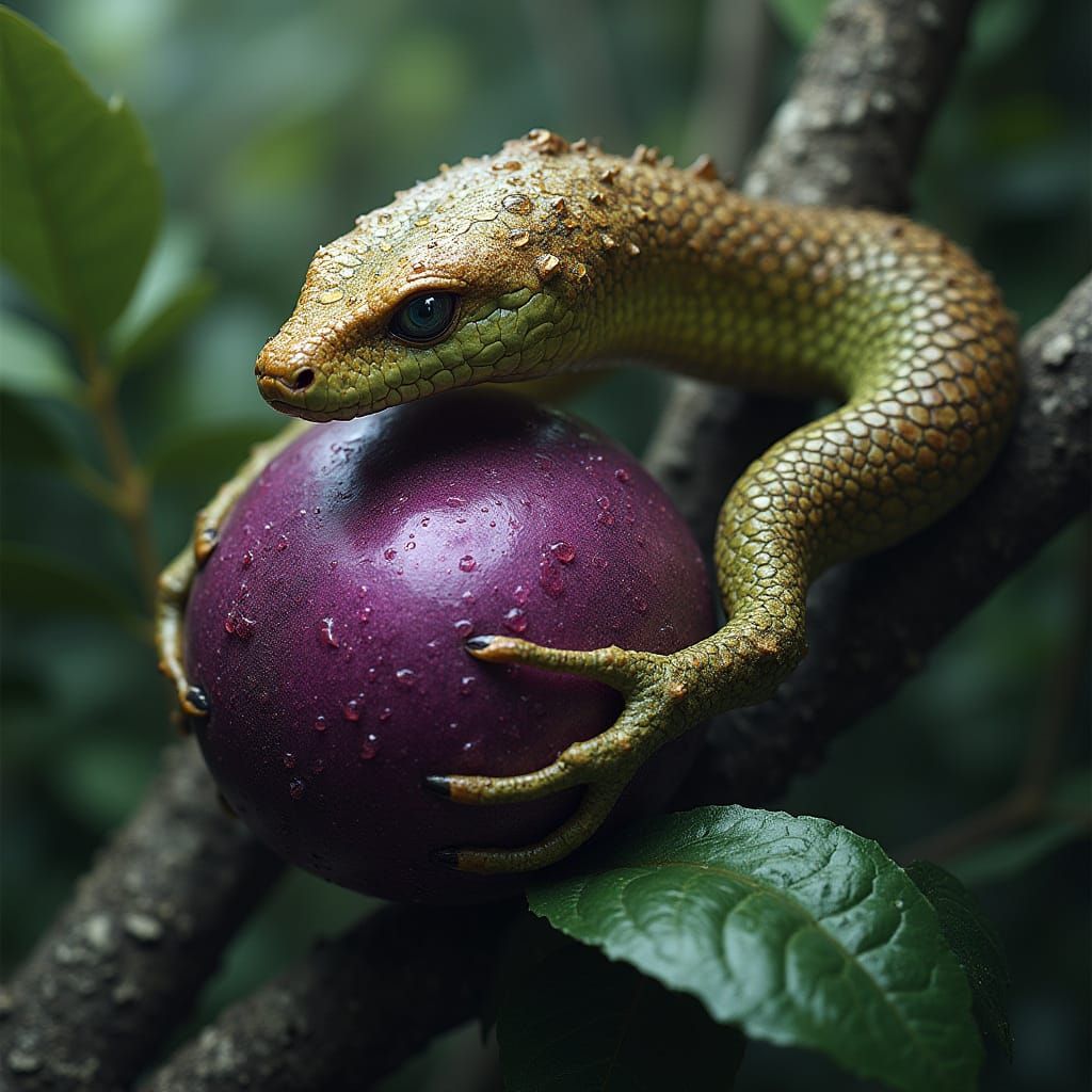 Surreal Snake-Mangosteen Hybrid in Biomechanical Art Style