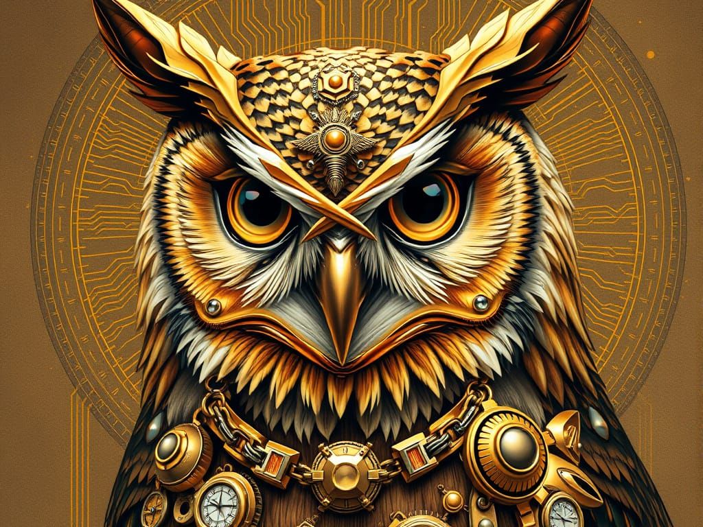 Cyborg Owl Portrait in Teslapunk Style