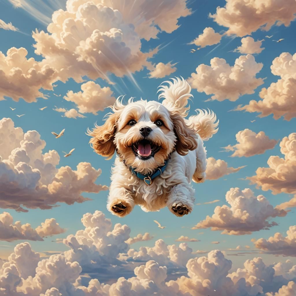 Cavachon Soaring Through Sky: Whimsical Digital Art