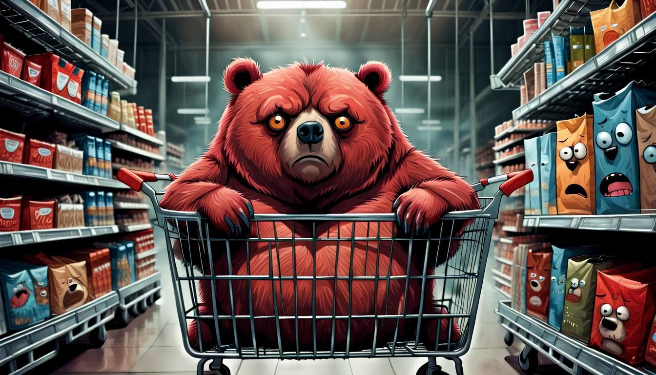 A Grumpy Bear in a Shopping Trolley: Whimsical Storybook Art