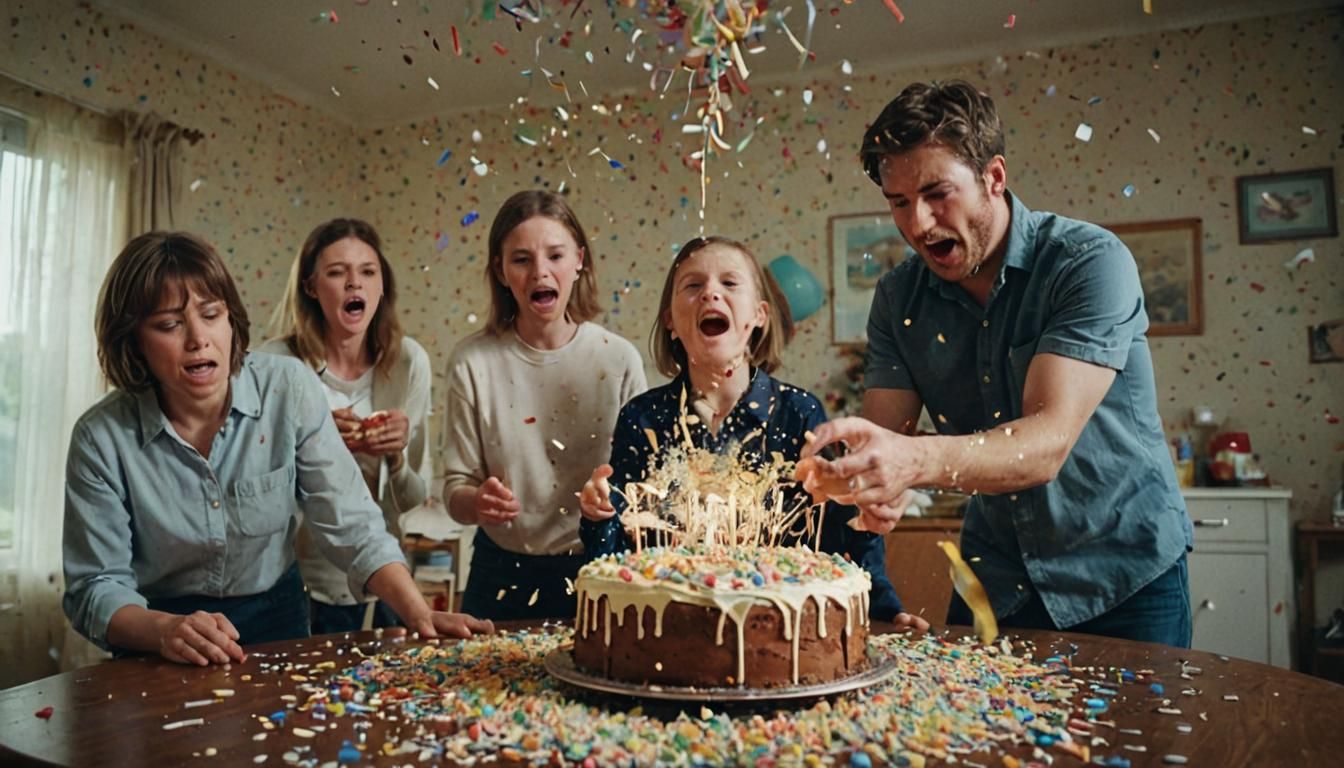 Exploding Birthday Cake Creates Chaos in Family Photo