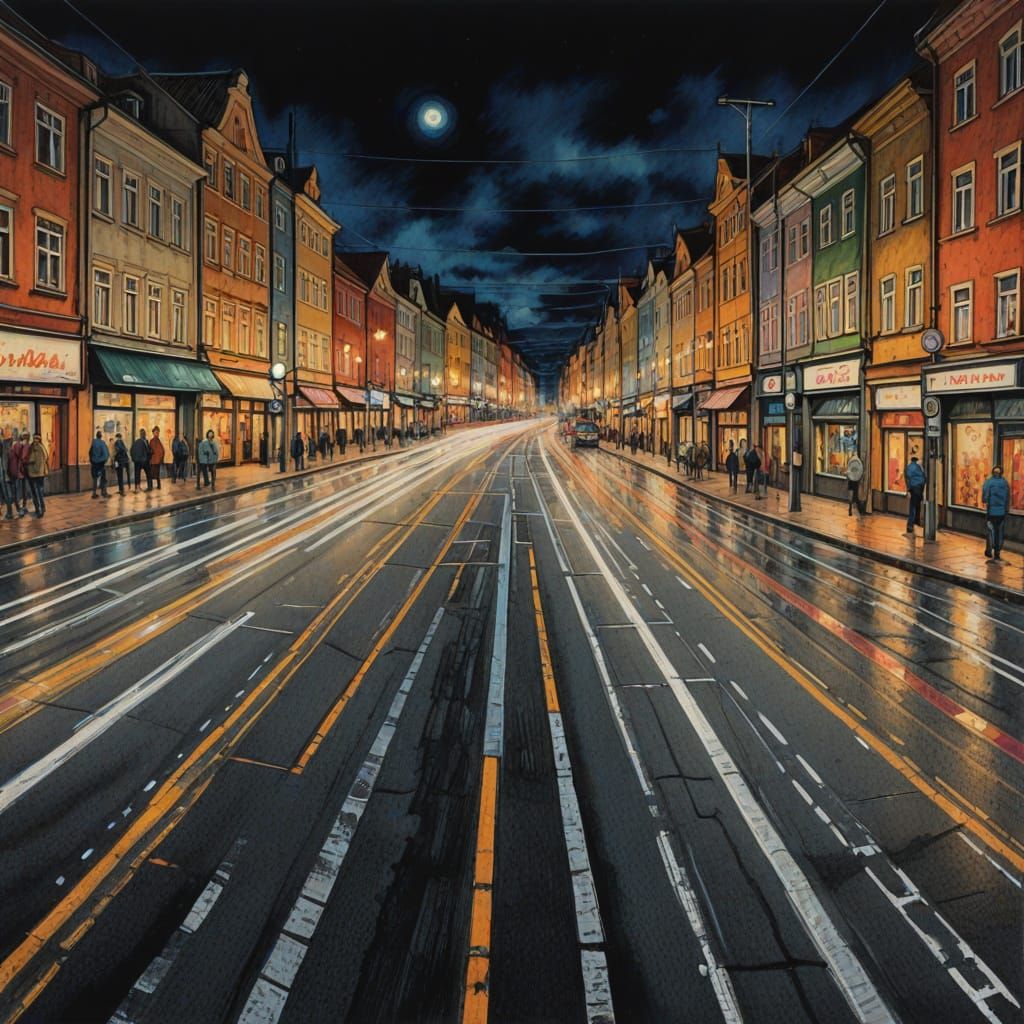 Polish Night Intersection in Vibrant Color Pencil Style