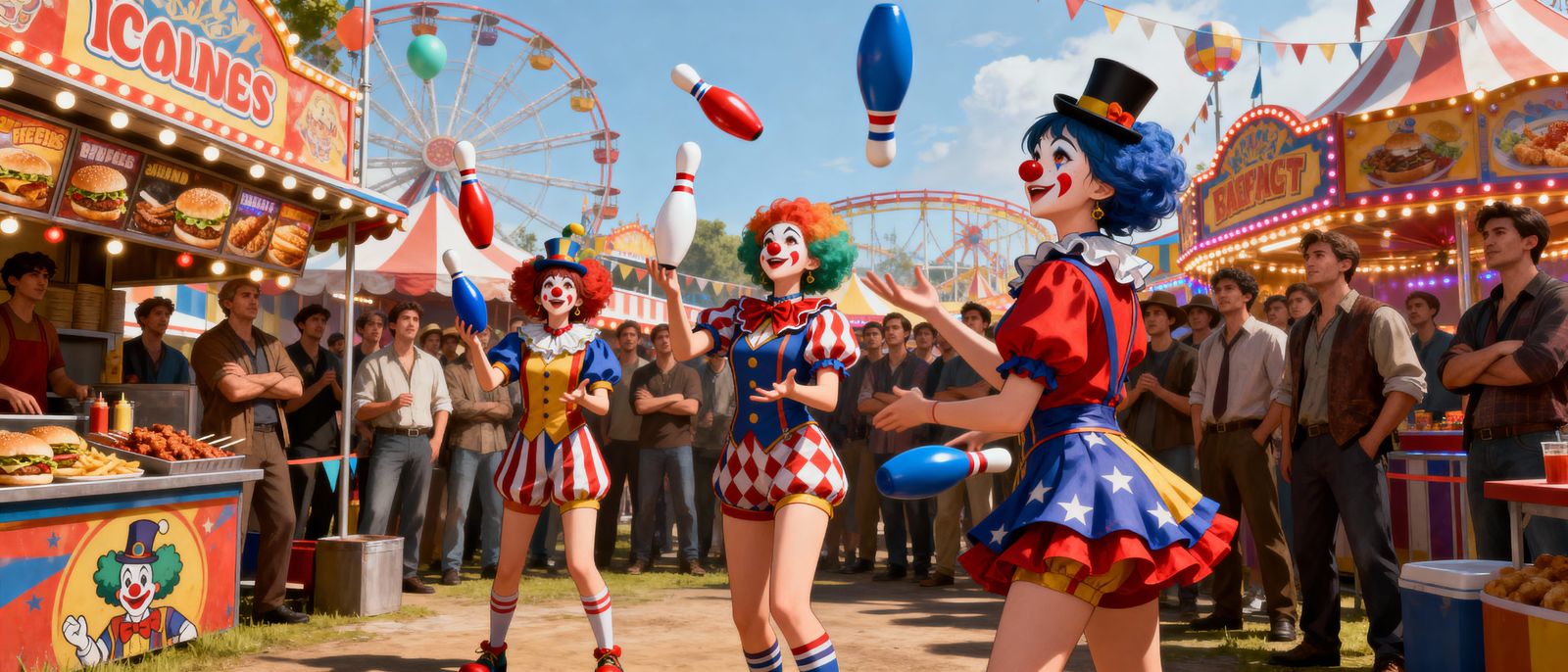 Anime Clown Girls Juggling at Vibrant Carnival