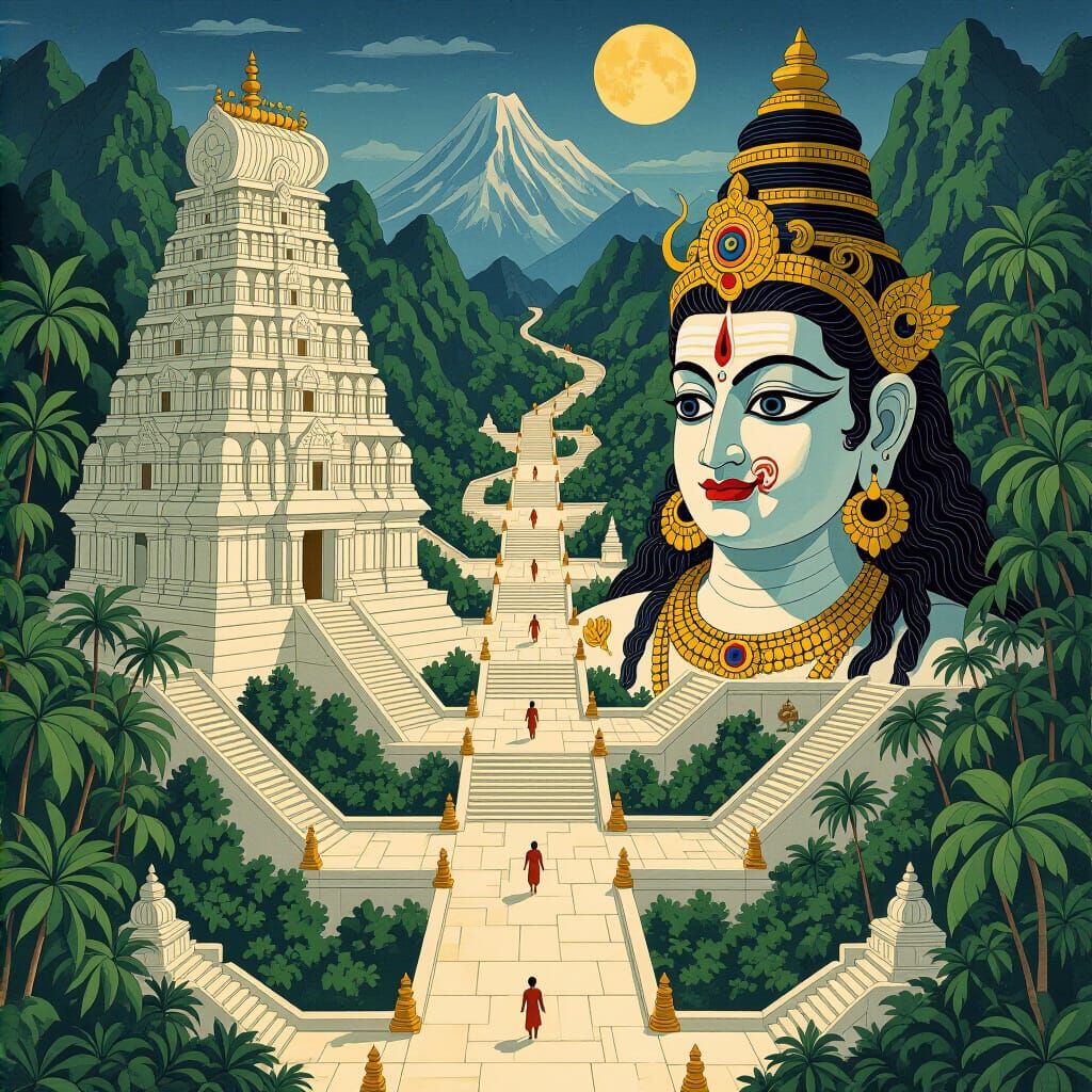 Majestic Shiva Temple Complex in Byzantine Woodblock Style