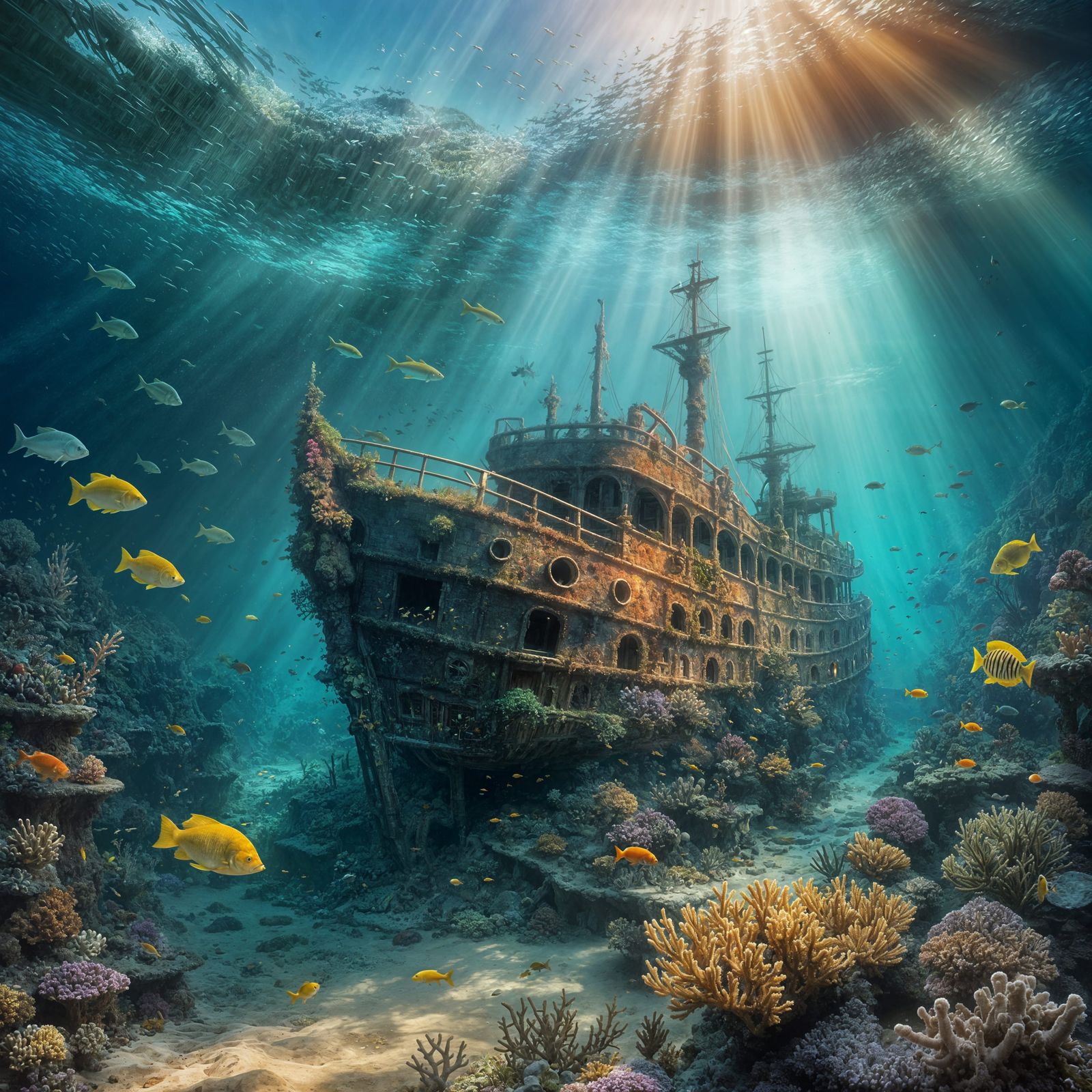 Ethereal Underwater Coral Reef Scene in Oil Painting Style