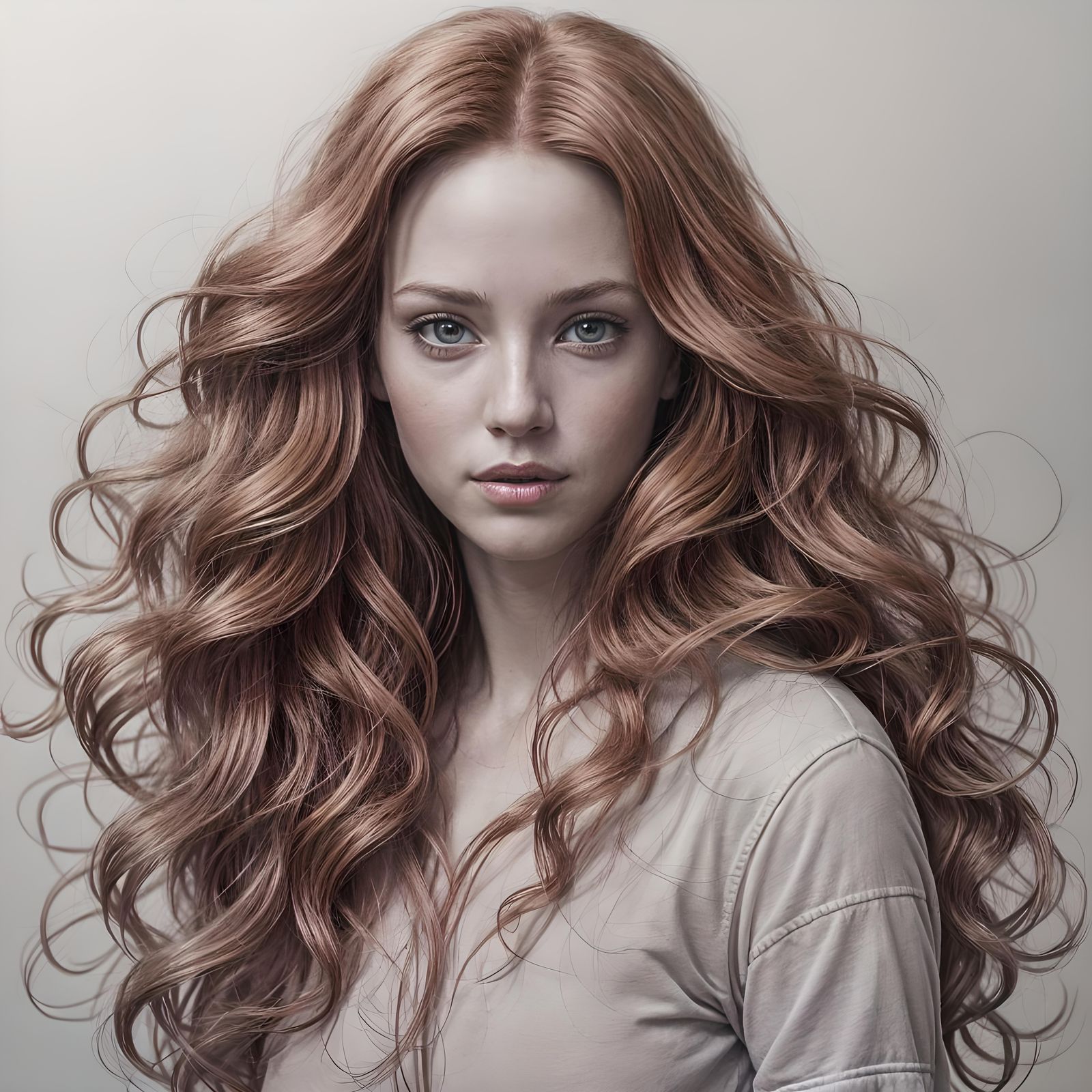 Pencil Sketch of Girl with Flowing Red Hair