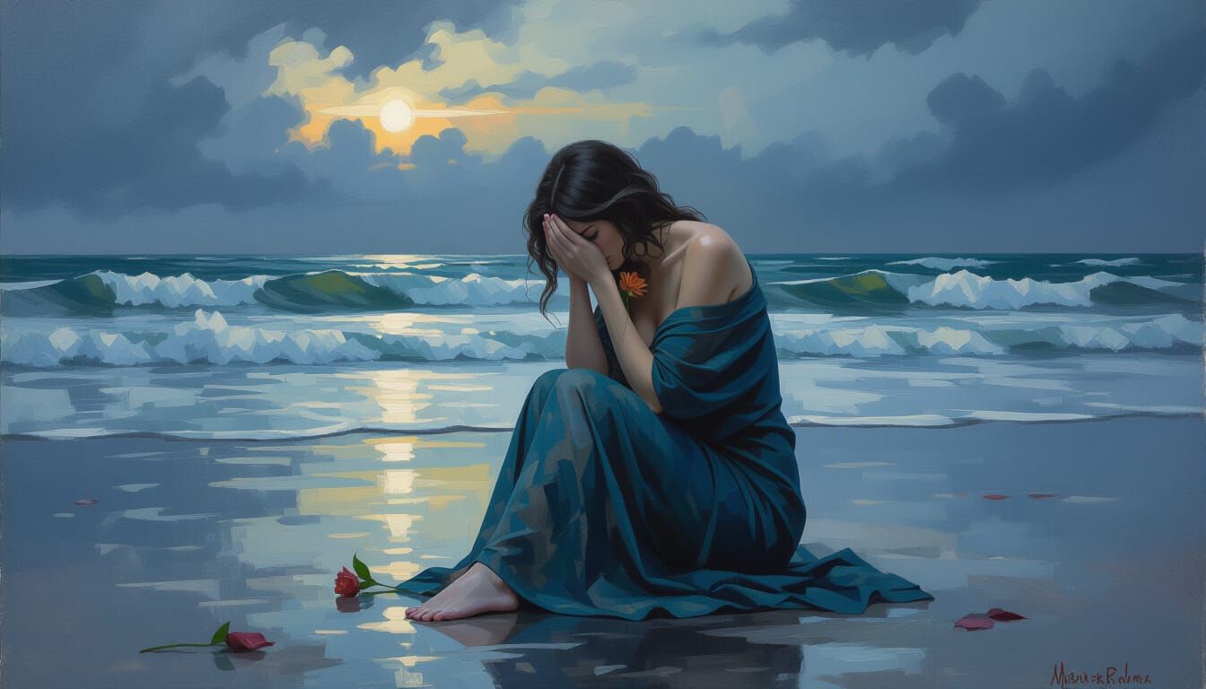 Solitary Figure on Stormy Beach at Dusk