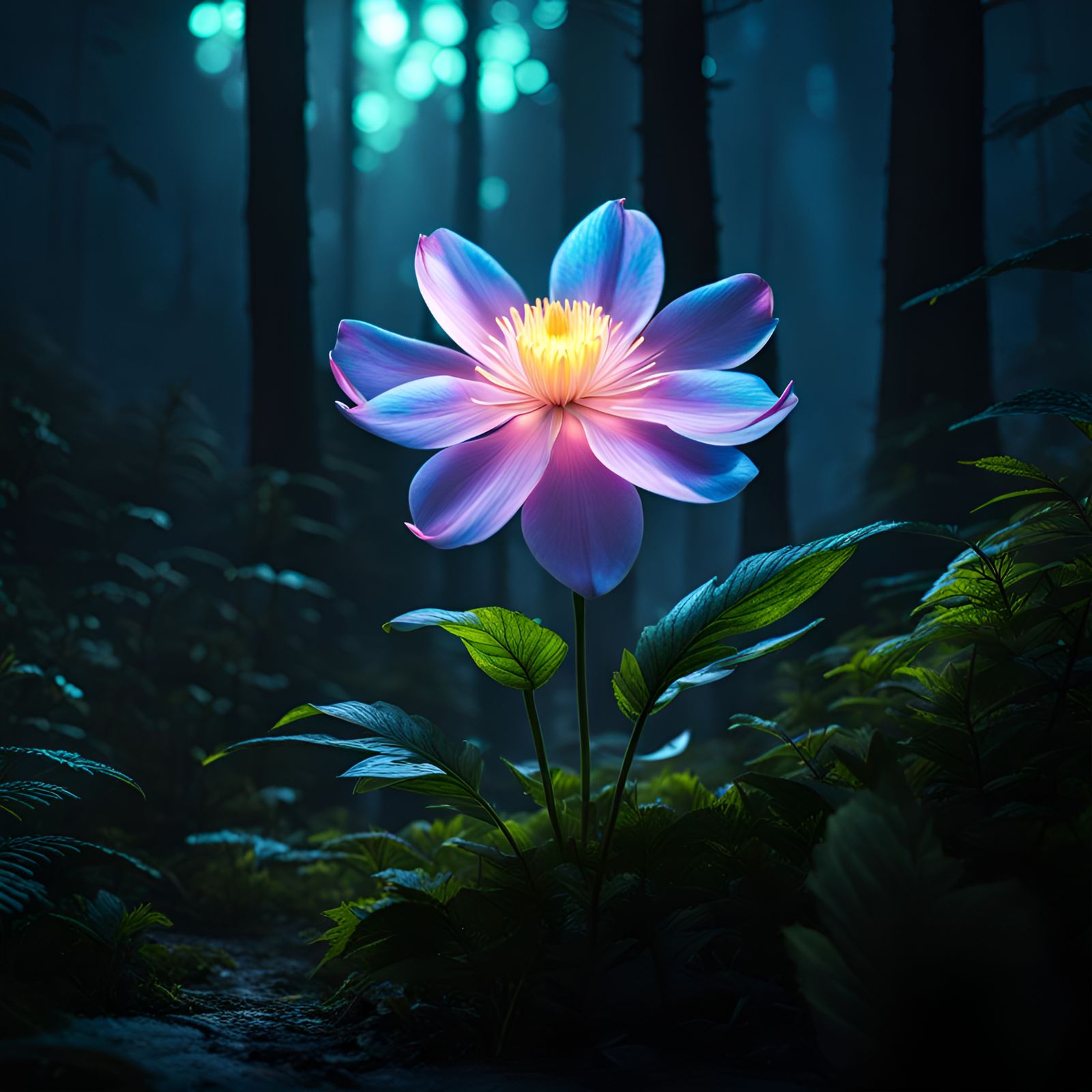 Magical Glowing Flower in Dark Forest Scenery