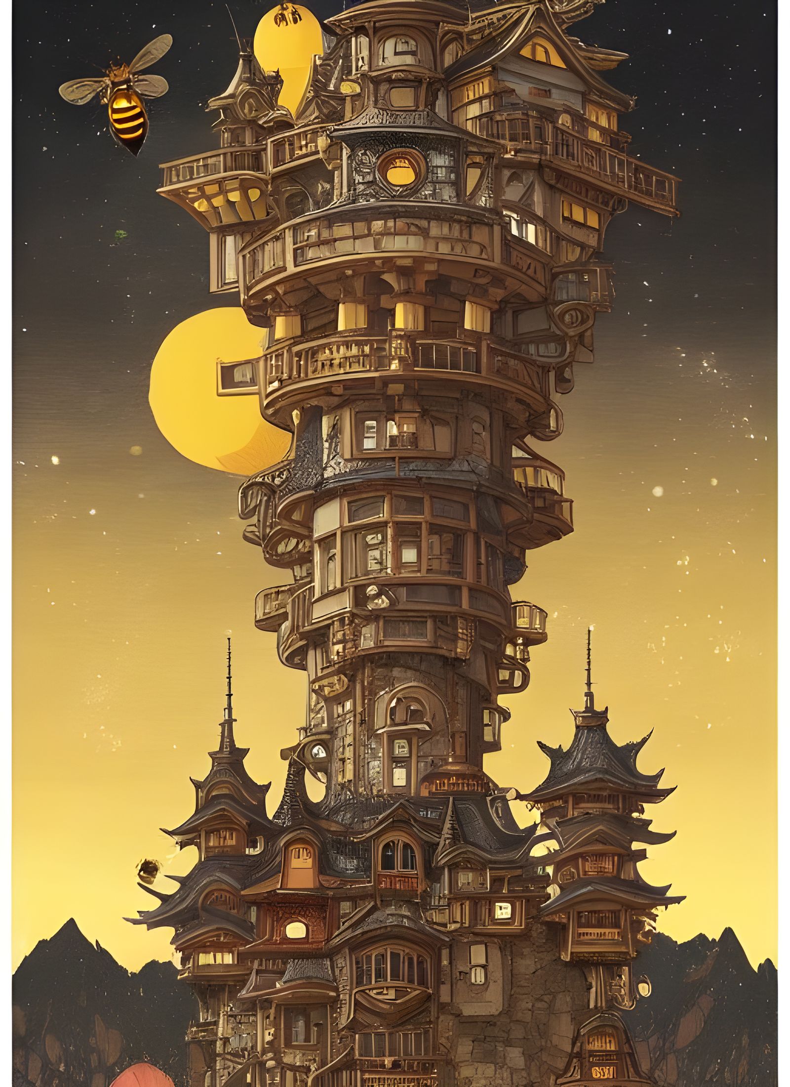 Steampunk Honey Castle Guarded by Giant Bee