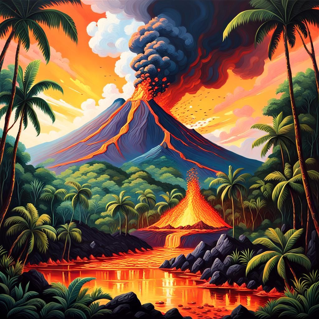 Erupting Volcano in Jungle Oil Painting