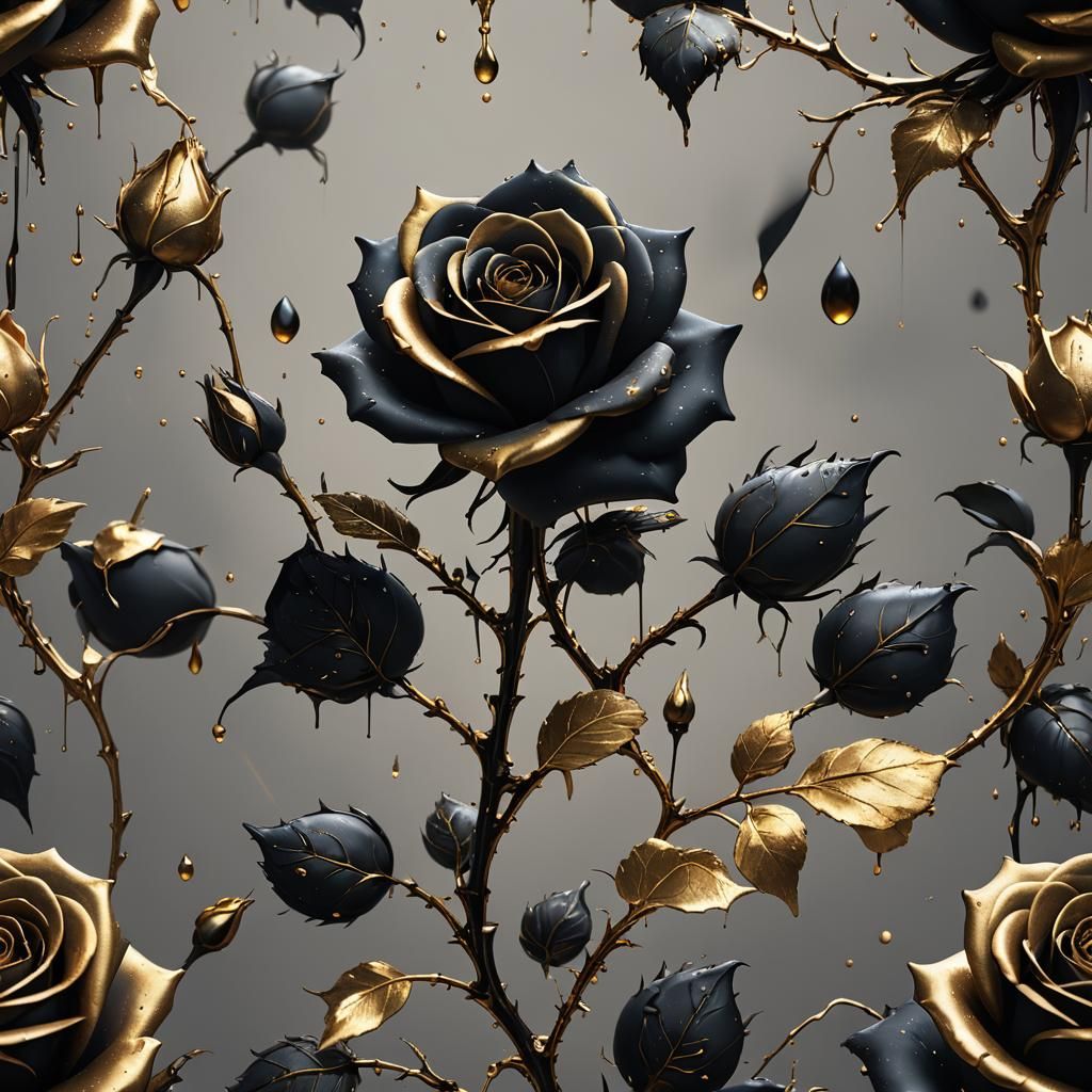 Black Rose with Golden Drops: Detailed Matte Painting