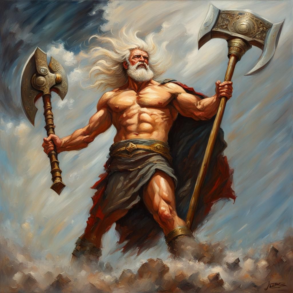 Badass Zeus with Battle Axe, Oil Painting
