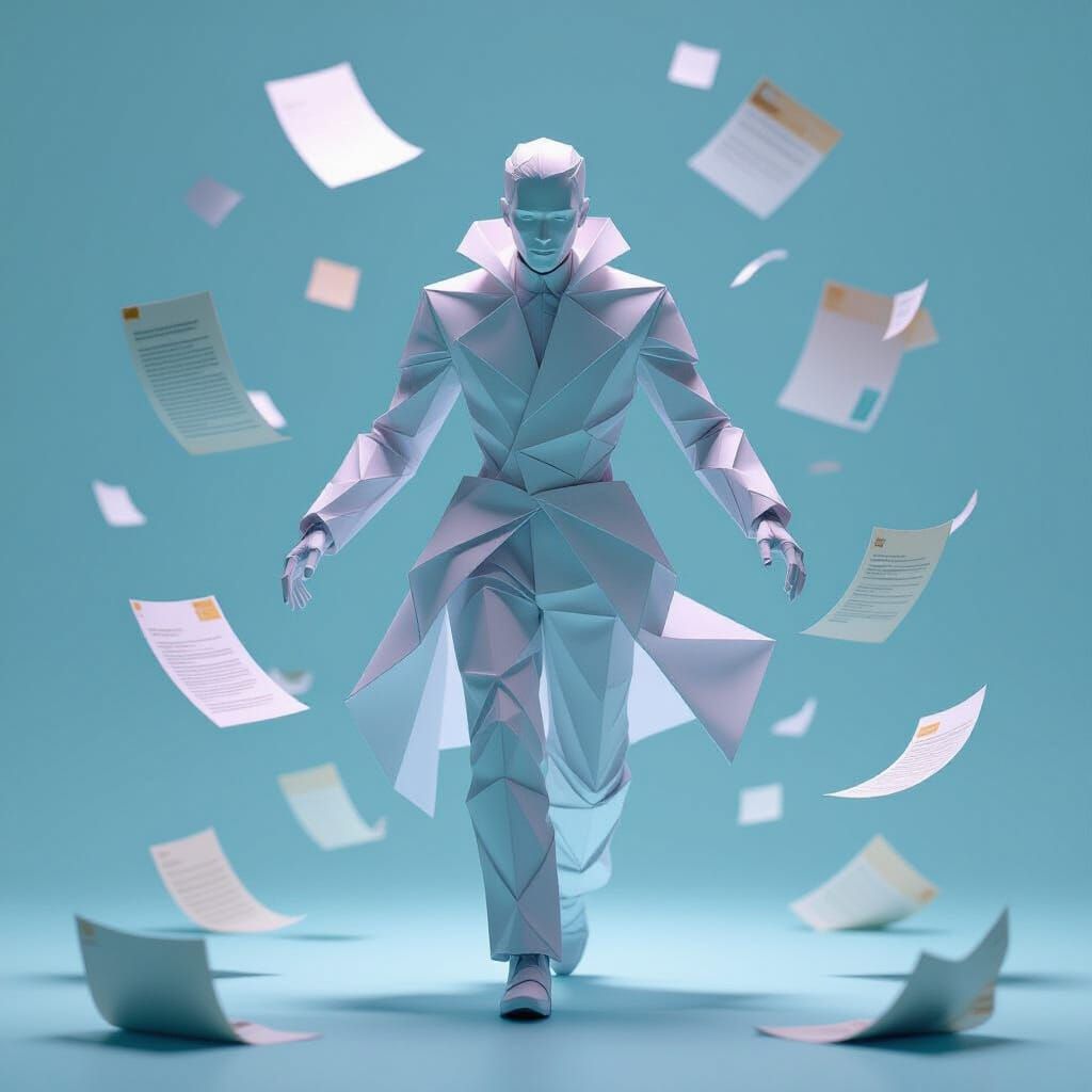 Origami Figure in Motion with Floating Stationery
