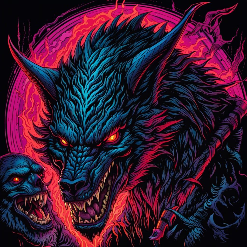 Aetherpunk Vampiric Werewolf Ink Drawing