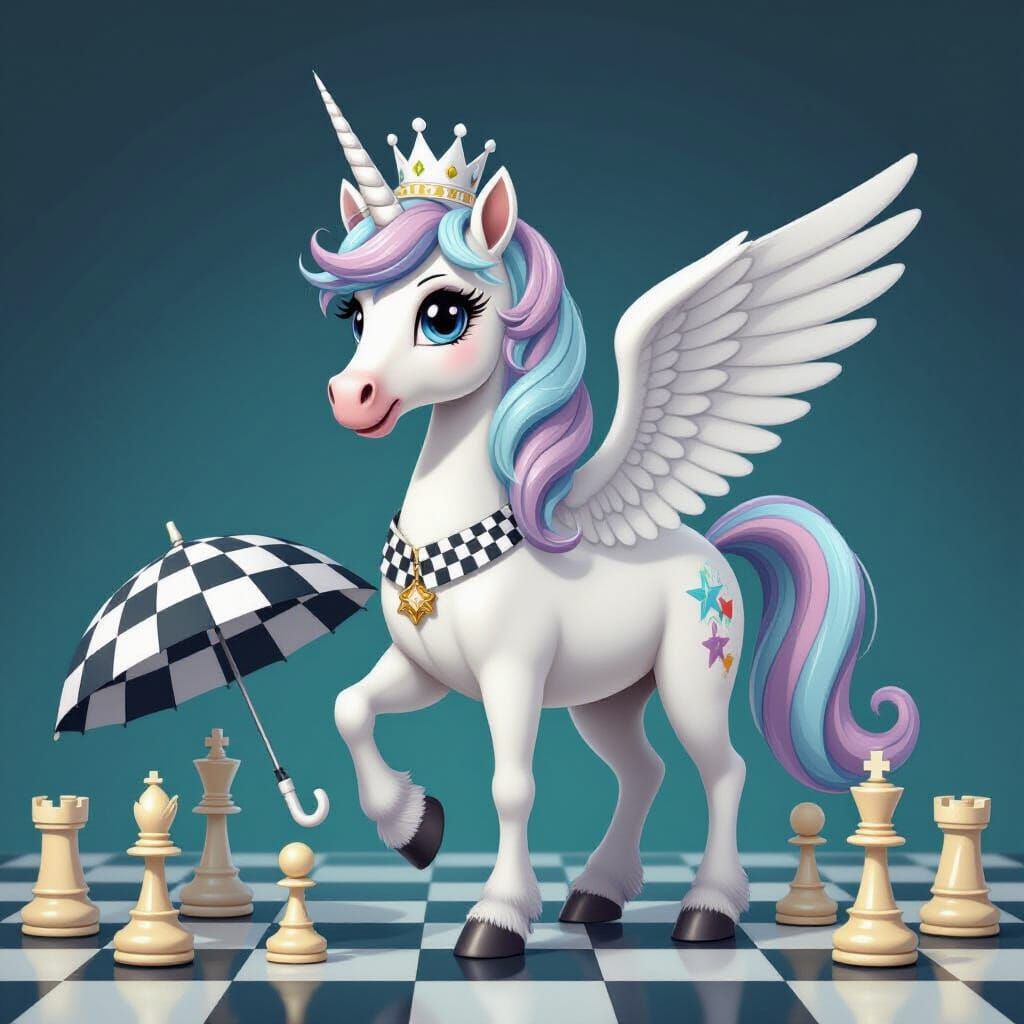 Winged Unicorn on Chessboard with Checkered Umbrella