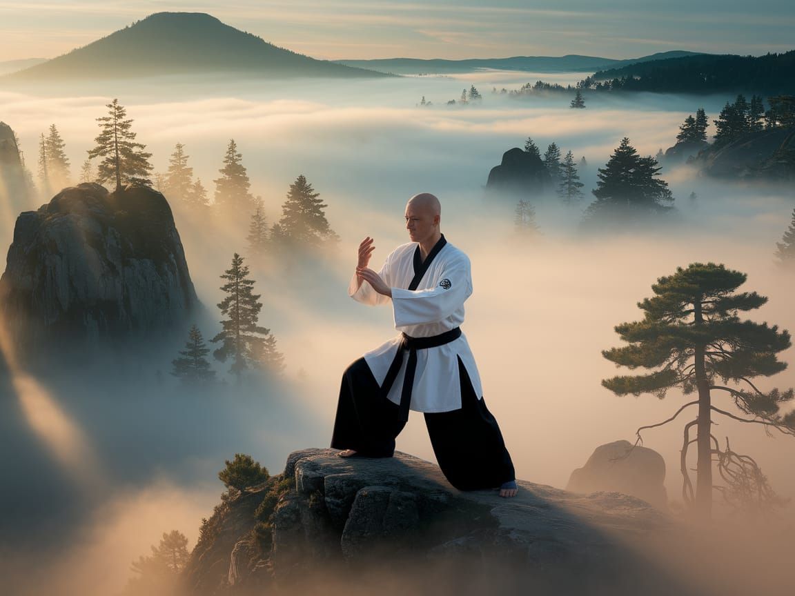 Kung Fu Master on Misty Peak at Dawn