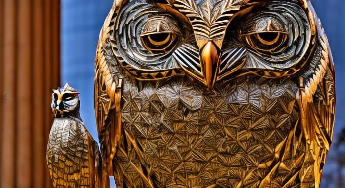 Ominous Owl Sculpture with Copper Accents