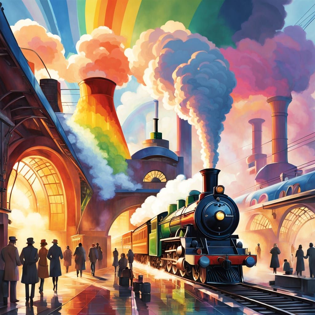 Art Deco Steam Train in Futuristic Station