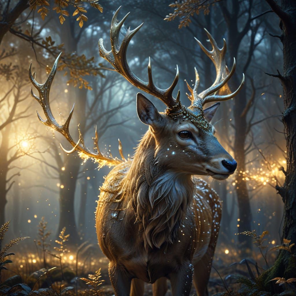 Golden-Horned Deer in Moonlit Forest: Mystical Digital Art