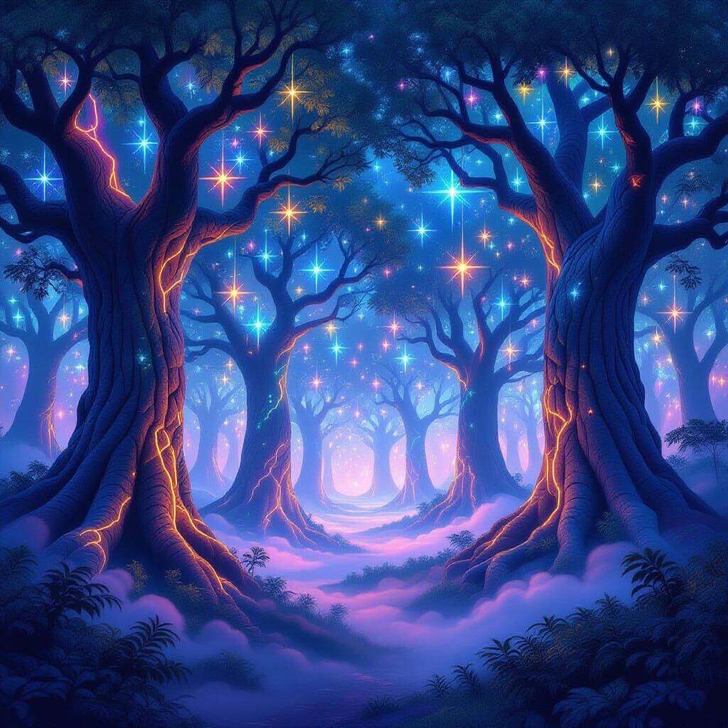 Enchanted Galactic Forest with Luminous Trees