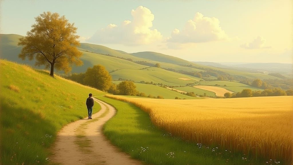 Nostalgic Autumn Landscape: Golden Fields and a Winding Path