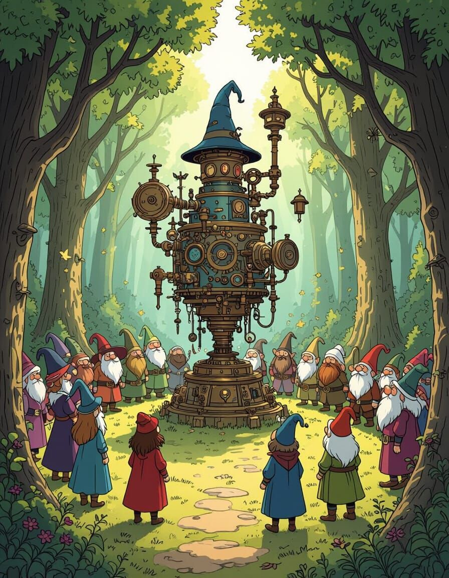 Fairytale Creatures Admire Whimsical Machine in Magical Fore...