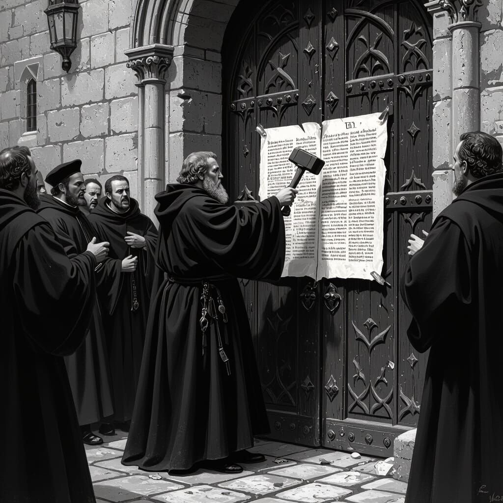 Martin Luther Nails Theses in Monochrome Matte Painting
