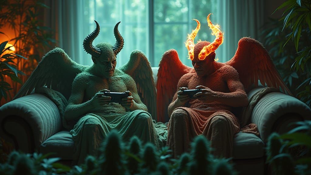 God and Devil Play Xbox Amidst Marijuana Plants