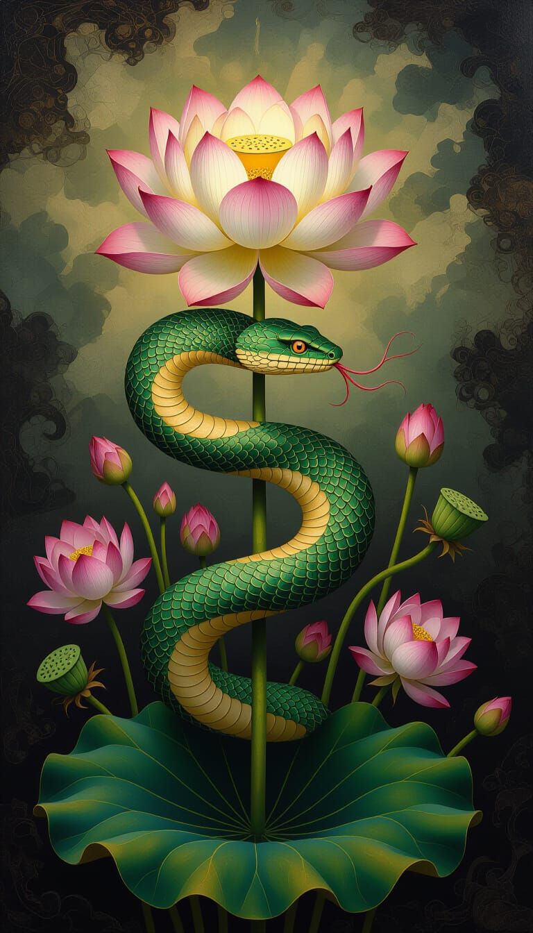 Mythical Serpent and Lotus Flower in Dramatic Chiaroscuro St...