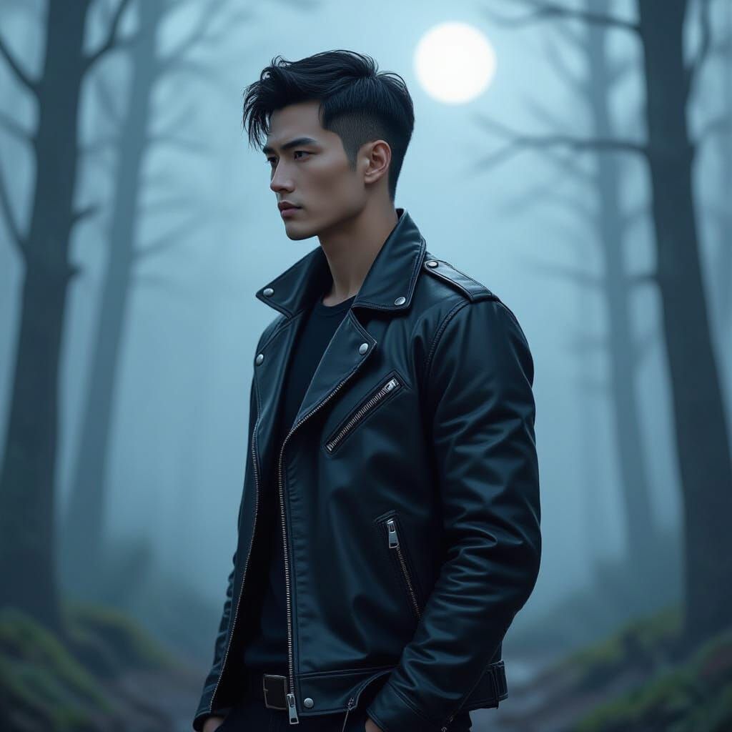 Stoic Figure in Misty Forest, in Atmospheric Digital Art Sty...