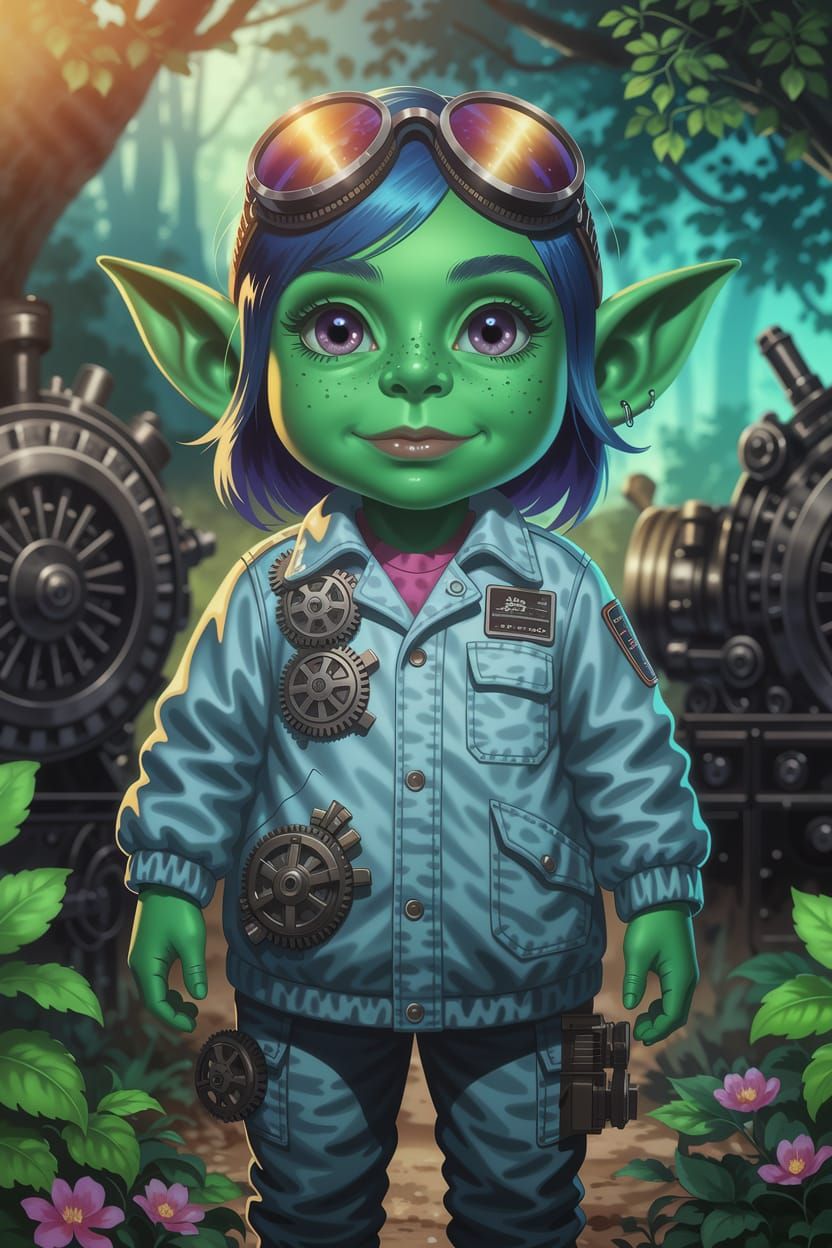 Goblin Artificer in Fantasy Forest with Ancient Machinery