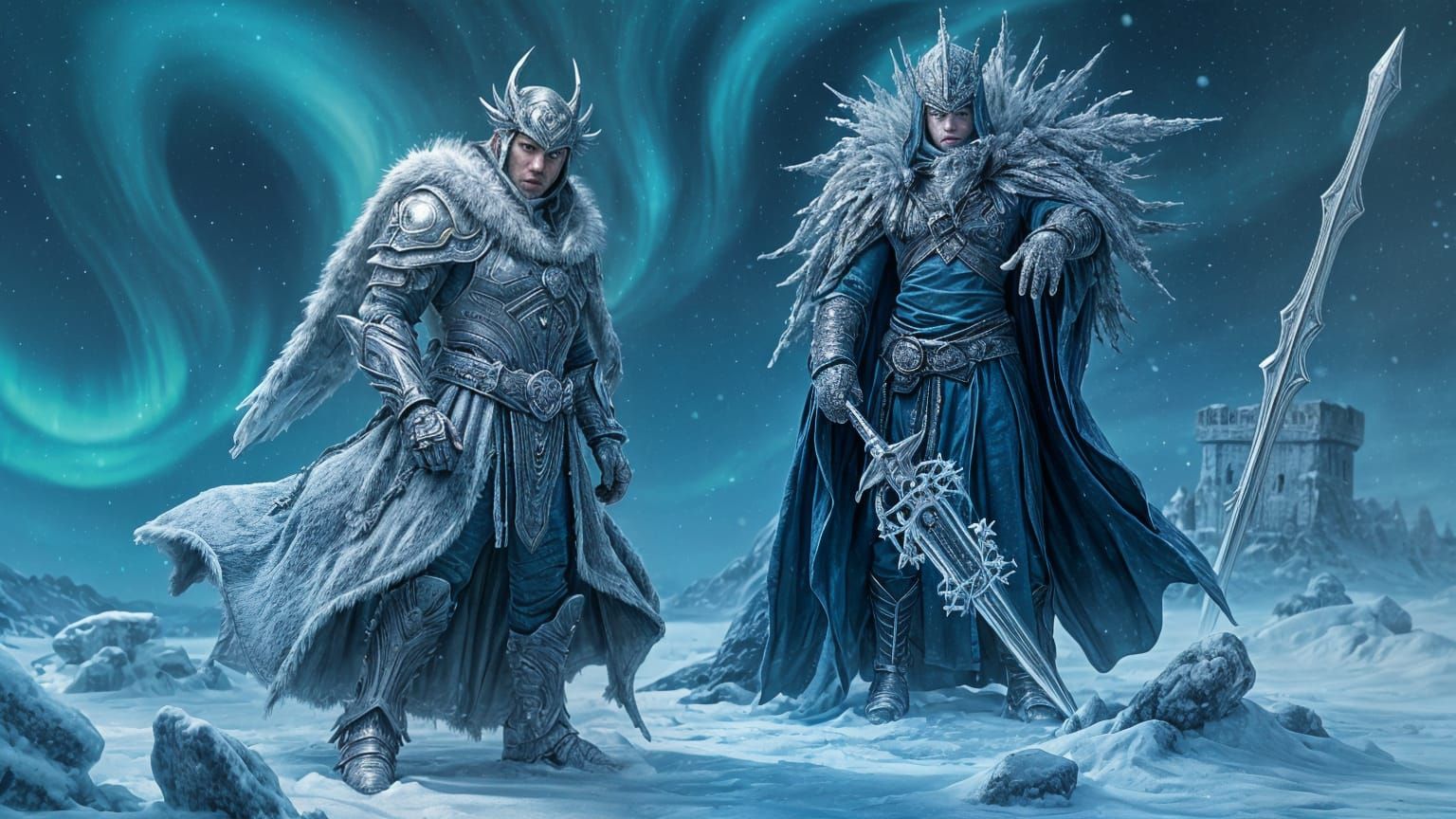 Hero vs Villain in Frozen Tundra Under Aurora