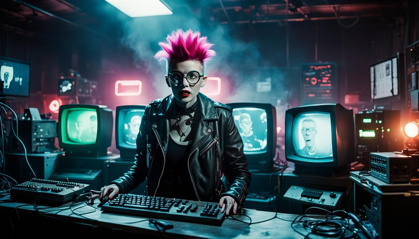 Retro Horror Comedy Film Still with Neon Mohawk
