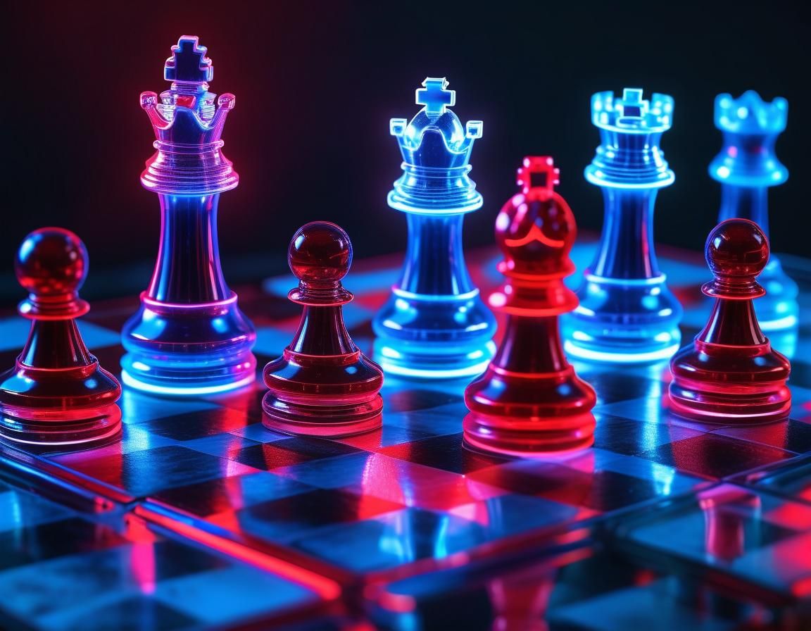 Neon blue/red translucent holographic chess pieces. Futurist...