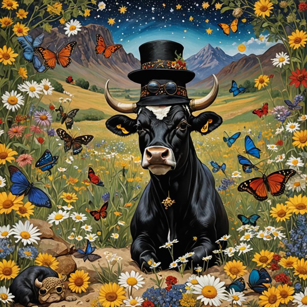 Surreal Cow in Daisy Field at Night