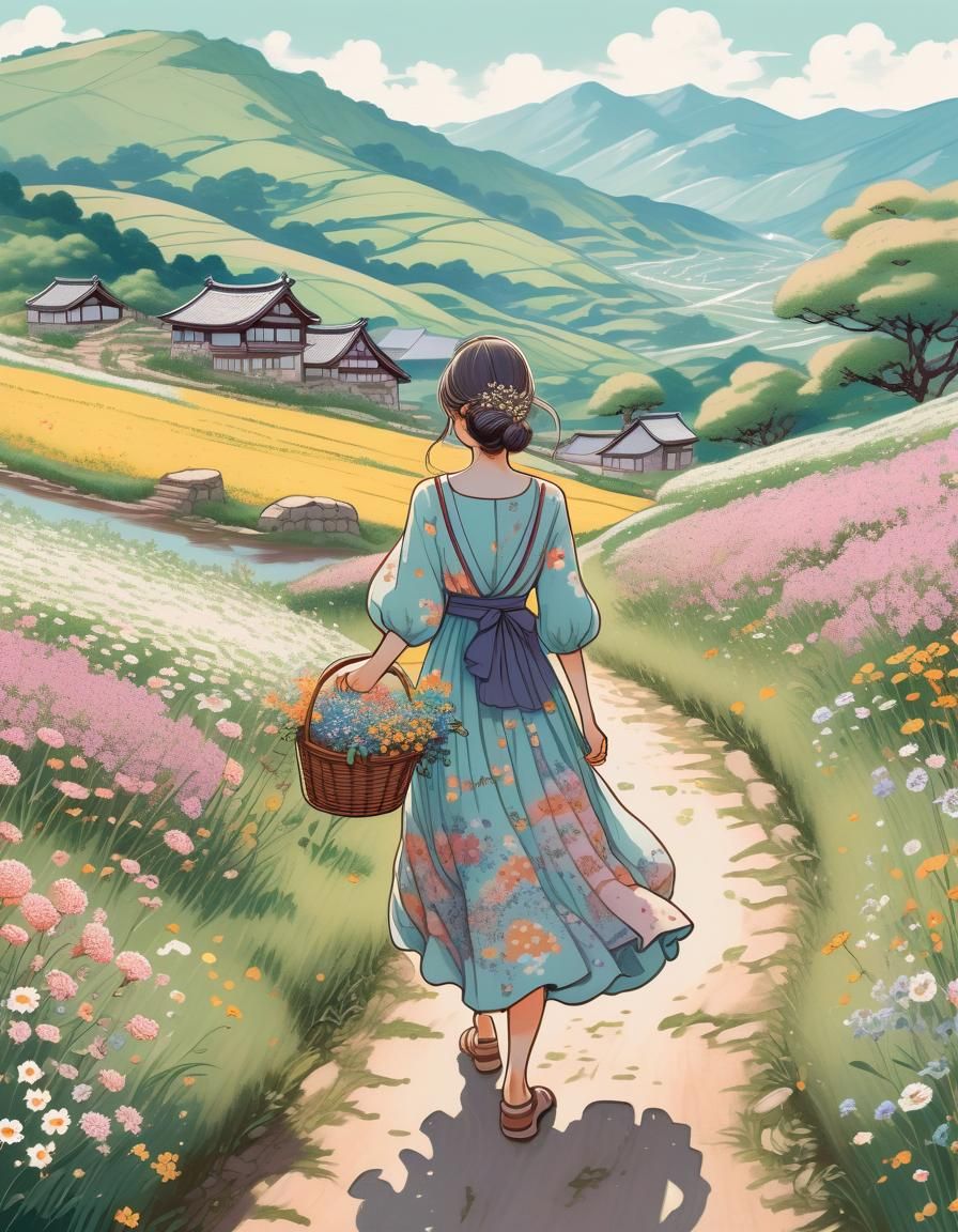 Woman in Floral Dress in Korean Manga Style