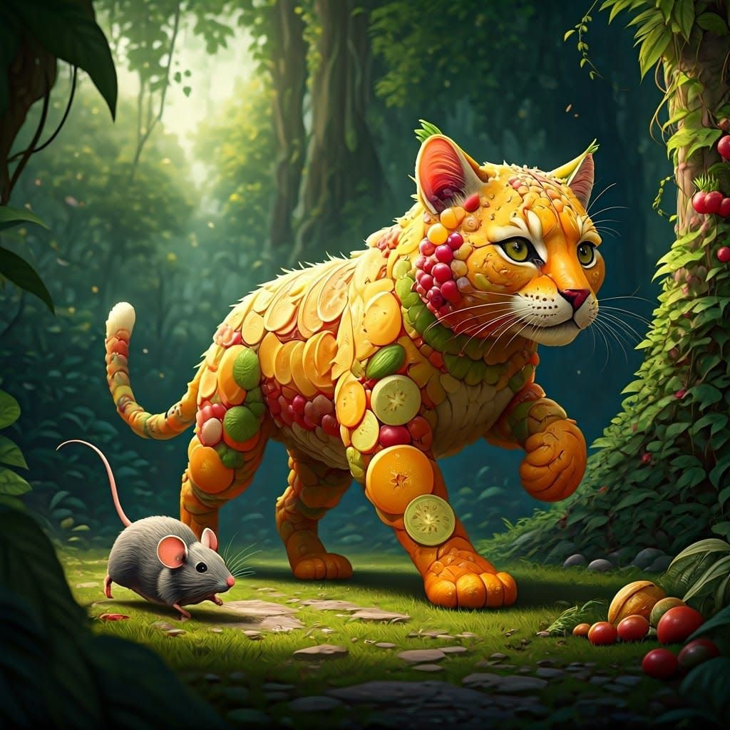 Surrealist Fruity Cat Chases Whimsical Cheese Mice in Dreaml...