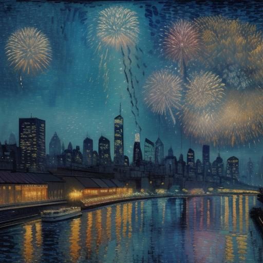Skyline of a city seen from the river and fireworks for the new year Van Gogh Wadim Kashin expressionism impressionism i...