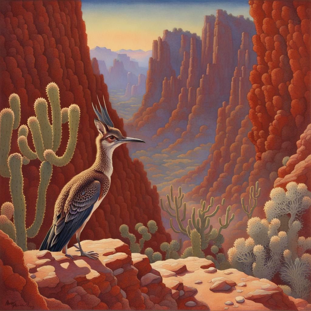 Roadrunner and Coyote in Canyon: Nihonga Painting